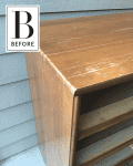 Worn wooden dresser with missing drawers against a light blue wall, labeled "Before."