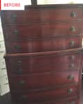 Dark wood dresser with six drawers and oval metal handles, labeled "Before."