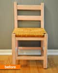 Wooden chair with a woven seat against a gray paneled wall, labeled "before."