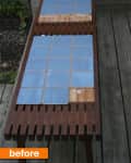 Wooden table with blue tiles, some missing, on a deck labeled "before."