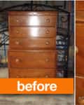 Wooden dresser with five drawers, visible scratches, and an orange "before" label.