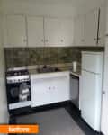 Small kitchen with white cabinets, green tile backsplash, gas stove, fridge, and sink. "Before" label in orange.
