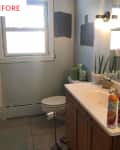 Bathroom with wooden vanity, aloe plants, air fresheners, and paint samples on walls.