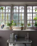 Stained glass bathroom window with floral design, potted plant, and toiletries on a glass shelf.