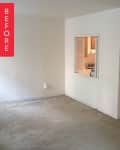 Before: a shabby room with white walls and tan carpet