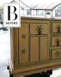 Wooden dresser with floral handles in a garage, labeled "Before."