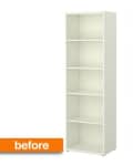 Tall white bookshelf with five shelves, labeled "before" in orange.