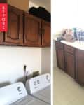 Laundry room with wooden cabinets, washer, dryer, and laundry basket on countertop.