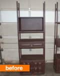 Two brown wooden shelving units with cabinets and drawers in a garage, labeled "before" in orange.