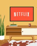 Living room with TV displaying Netflix, wooden console, plants, white chair, and cowhide rug.