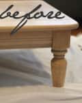 Wooden coffee table with turned legs on a drop cloth, labeled "before."