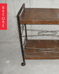 Metal and wood bar cart with two shelves and wheels, labeled "Before."