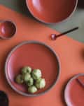 Red ceramic plates and bowls on an orange and green surface, with tomatillos and glass stirrers.