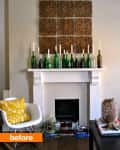 White fireplace with green and clear bottles, candles, and carved wood art above. Yellow pillow on a white chair.