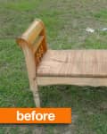 Worn wooden bench with woven seat on grass, labeled "before."