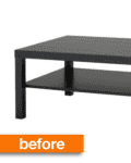 Black rectangular coffee table with a lower shelf, labeled "before."