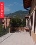 Spacious terrace with tiled floor, beige walls, and mountain view, labeled "Before" in red.
