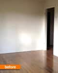 Empty room with wooden floor, white walls, and an open doorway. "Before" label in orange at the bottom left.