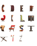 Alphabet letters designed as various furniture pieces, including chairs, tables, and lamps in diverse styles and colors.