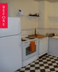 Small kitchen with white appliances, checkered floor, and open shelving.