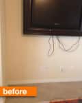 Wall-mounted TV with visible cables in a beige room, labeled "before."
