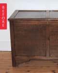Worn wooden chest with a hinged lid on a wooden floor, labeled "Before."