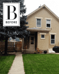 Two-story beige house with a porch, patio furniture, grill, and lush green lawn.