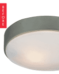 Round ceiling light fixture with a frosted glass cover and metallic rim.