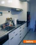 Narrow kitchen with white cabinets, stainless steel sink, and gas stove, labeled "before."