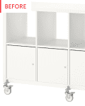 White storage unit with four open shelves and four cabinets on wheels, labeled "Before" in red text.