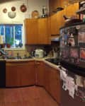 Cluttered kitchen with wooden cabinets, fridge covered in magnets, and a window above the sink.
