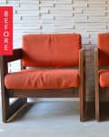 Two vintage wooden chairs with orange cushions in front of a textured white wall, labeled "Before."