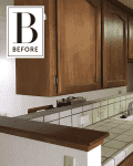 Dated kitchen with wooden cabinets, tiled countertops, and a black oven, labeled "Before."