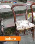 Two vintage wooden chairs with floral upholstery on stone steps, surrounded by various items, labeled "before."