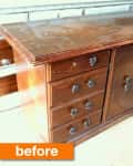 Wooden dresser with eight drawers and two cabinet doors, labeled "before."