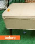 Beige ottoman with wooden legs on green carpet, labeled "before" in orange text.