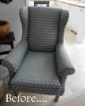 Gray wingback chair with heart pattern in a kitchen corner, labeled "Before."