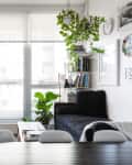 Modern living room with large windows, black sofa, hanging plants, bookshelves, and a dining table with white chairs.