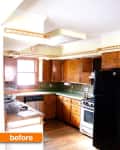 Dated kitchen with wooden cabinets, green countertops, black fridge, and gas stove, labeled "before."