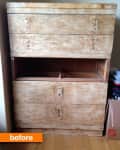 Worn wooden dresser with missing drawer, labeled "before" in orange.