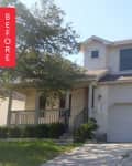 Two-story beige house with a front porch, garage, and tree in the yard, labeled "Before" in red.