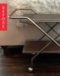 Metal bar cart with two shelves on wheels, placed on dark wood floor, labeled "Before" in red.