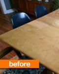 Wooden dining table with visible wear, surrounded by mismatched chairs, and a "before" label in the corner.
