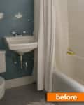 Small bathroom with blue walls, white sink, toilet, and bathtub with shower curtain, labeled "before."