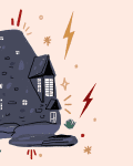Whimsical illustration of a tall, crooked stone house with lightning bolts and stars around it.