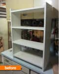 White wooden bookshelf with three shelves in a garage workshop, labeled "before."