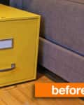 Yellow metal filing cabinet on wooden floor next to a gray sofa, labeled "before."