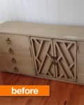 Beige wooden sideboard with six drawers and geometric patterned doors, labeled "before" in orange.