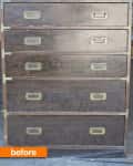 Dark wooden dresser with six drawers and brass handles, labeled "before" in orange.