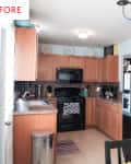 L-shaped kitchen with wooden cabinets, black appliances, and a fridge covered in magnets and notes.